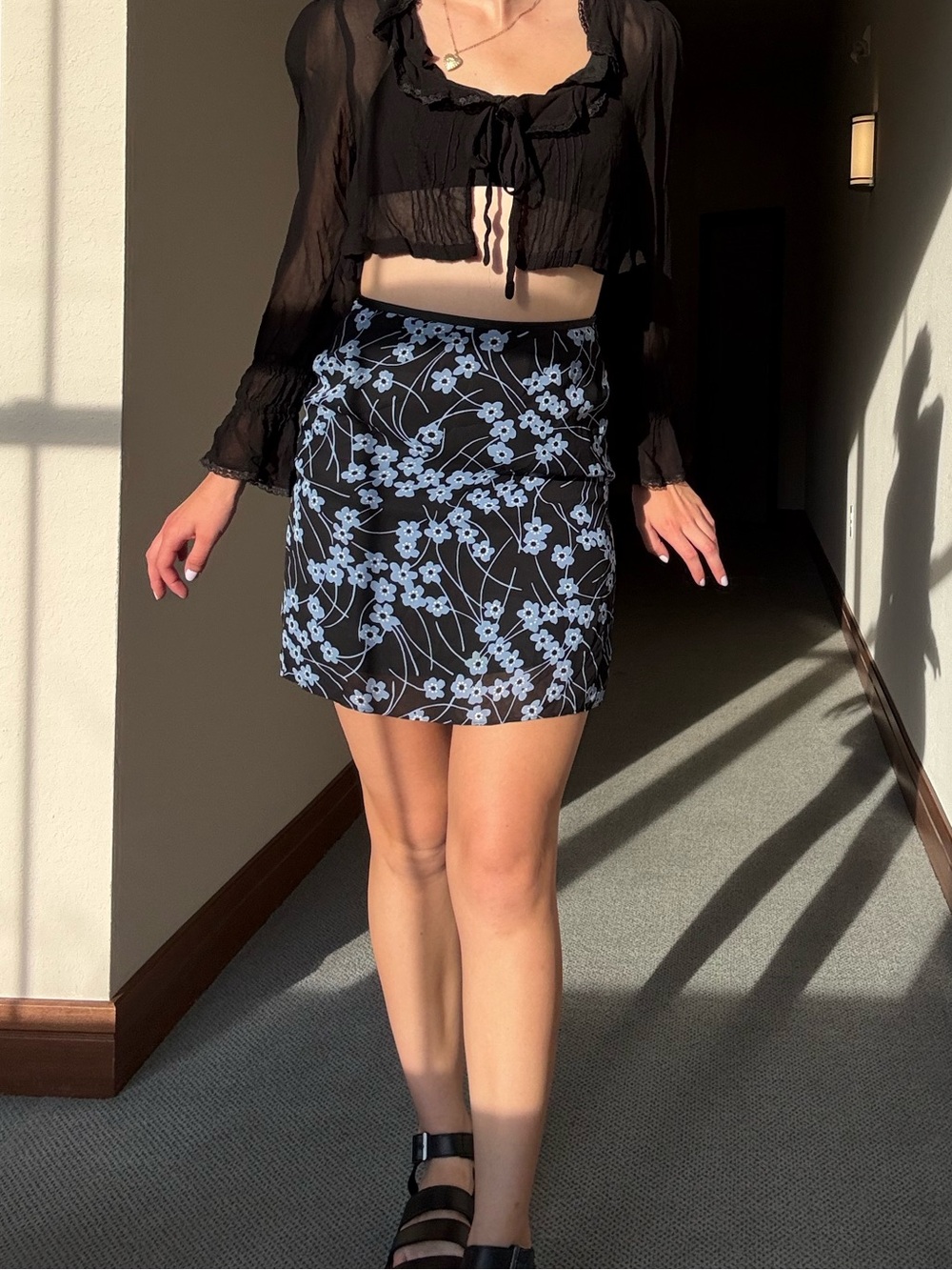 Ann Taylor Black Mini Skirt with Light Blue Floral Print